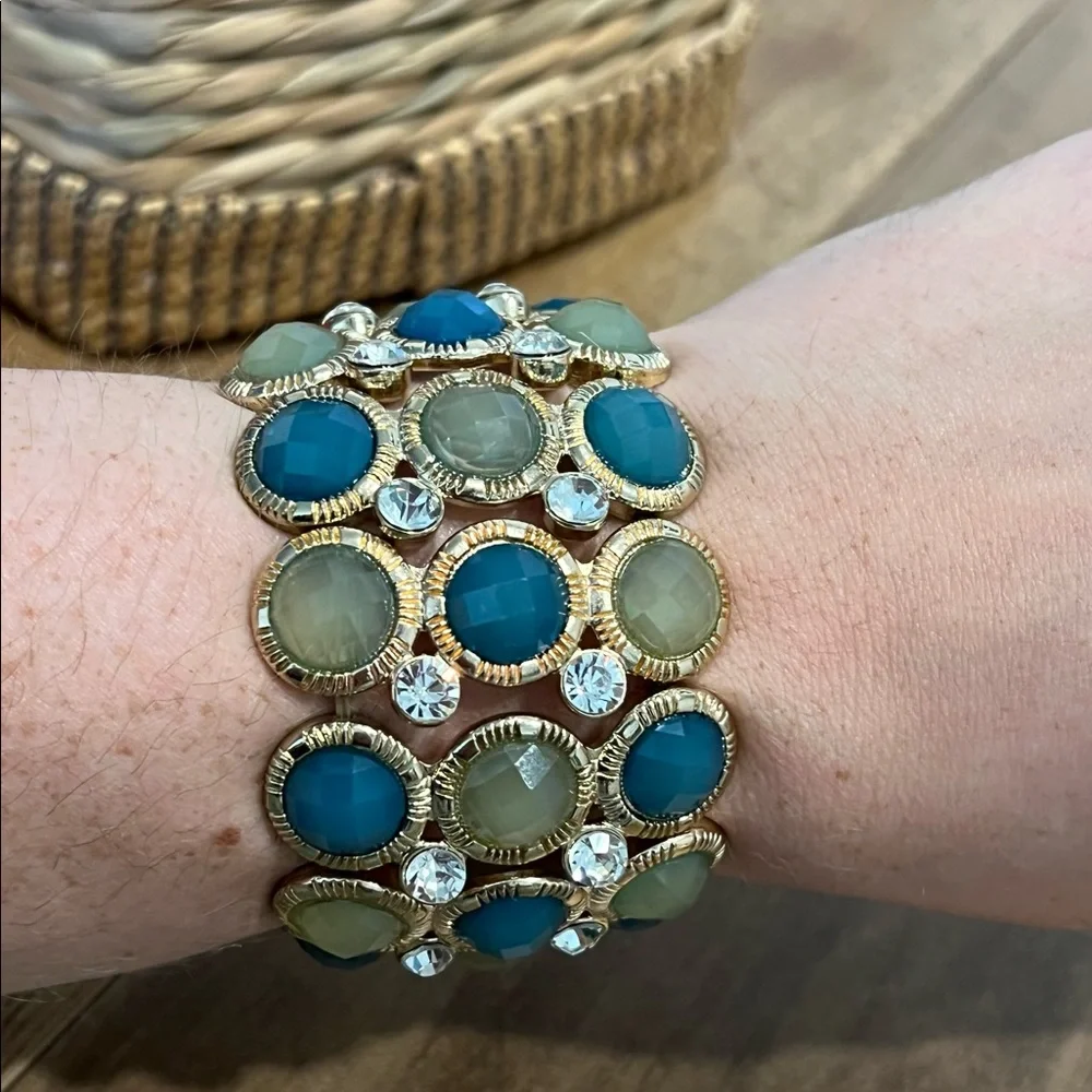 Classic Stretch Gold, Green & Blue Bracelet - Picture 3 of 6